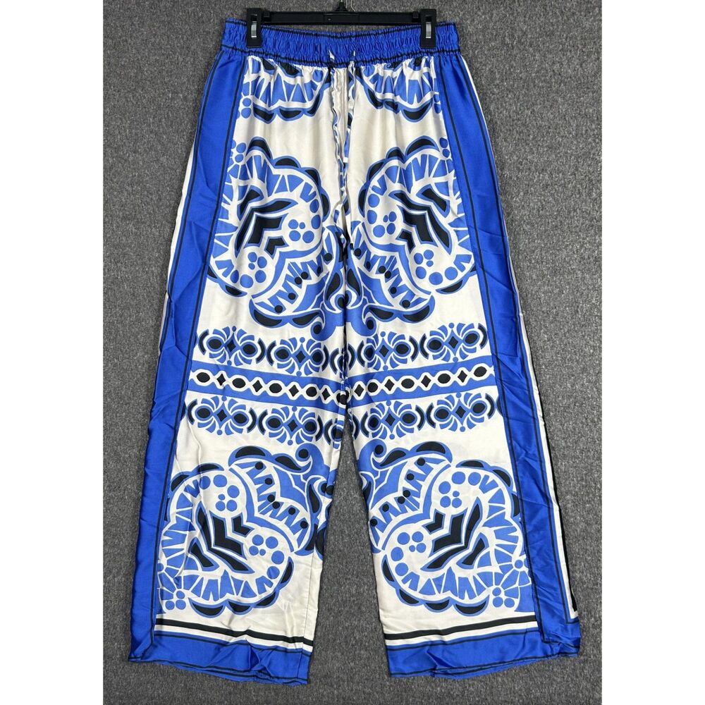 NWT Zara Geometric Print Satin Side-Slit Wide-Leg Palazzo Pants Size M